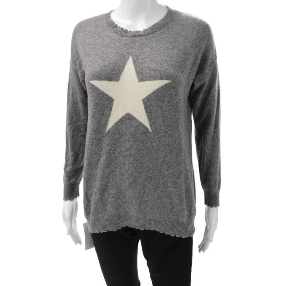 URU Womens Gray Stars Graphic Crew Neck Cashmere Blend Pullover Sweater Size L